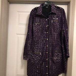 Chic Purple Plaid Long Coat with Zipper Accents